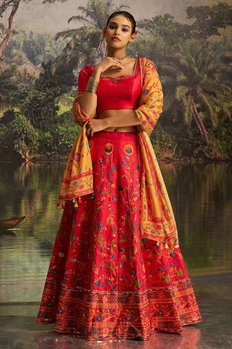  Red Silk Semi-Stitched Lehenga with Organza Dupatta & Intricate Embroidery