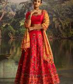  Red Silk Semi-Stitched Lehenga with Organza Dupatta & Intricate Embroidery