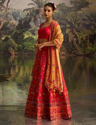  Red Silk Semi-Stitched Lehenga with Organza Dupatta & Intricate Embroidery 2