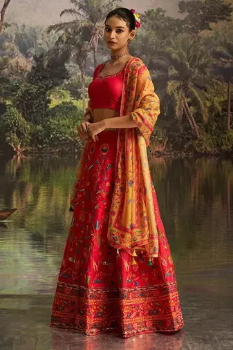  Red Silk Semi-Stitched Lehenga with Organza Dupatta & Intricate Embroidery