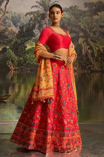  Red Silk Semi-Stitched Lehenga with Organza Dupatta & Intricate Embroidery