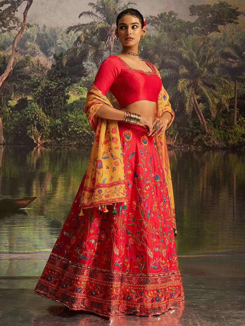  Red Silk Semi-Stitched Lehenga with Organza Dupatta & Intricate Embroidery