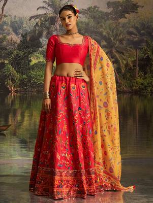  Red Silk Semi-Stitched Lehenga with Organza Dupatta & Intricate Embroidery 4