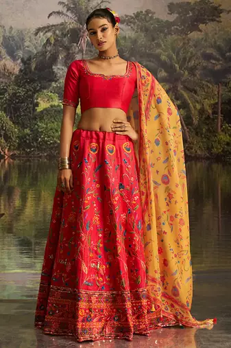  Red Silk Semi-Stitched Lehenga with Organza Dupatta & Intricate Embroidery