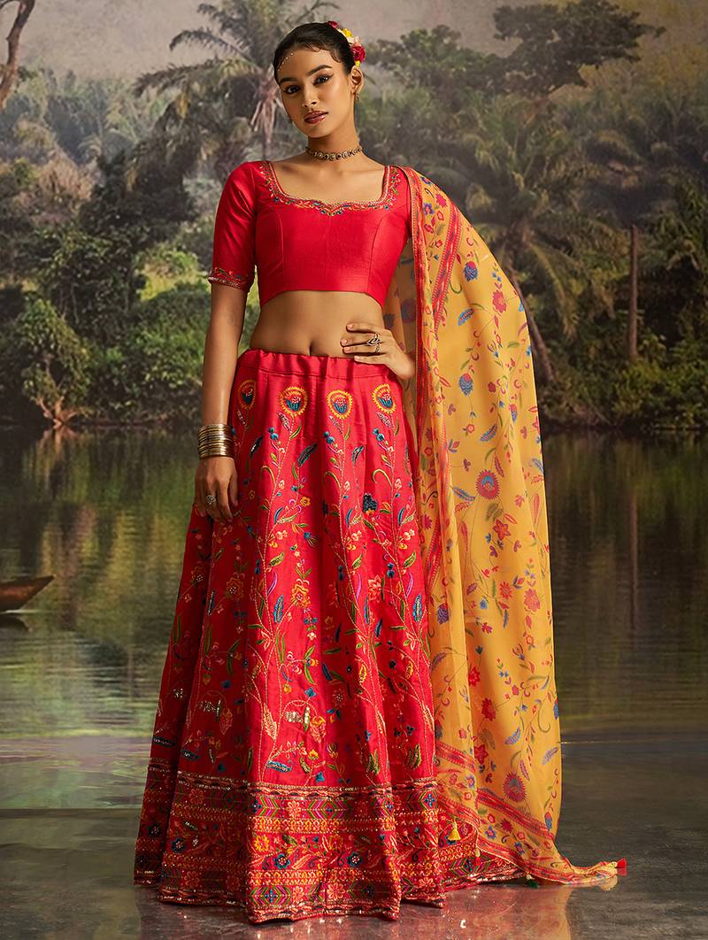  Red Silk Semi-Stitched Lehenga with Organza Dupatta & Intricate Embroidery