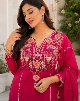 women's chanderi silk embroidered straight kurta set with dupatta 4