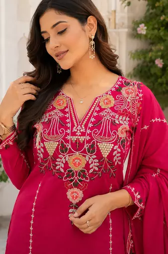 women's chanderi silk embroidered straight kurta set with dupatta