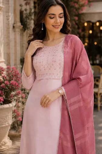 women's art silk embroidered kurta set with dupatta