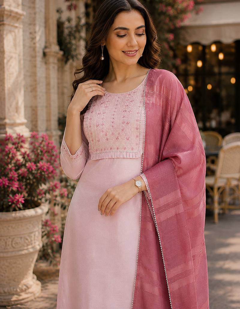 women's art silk embroidered kurta set with dupatta