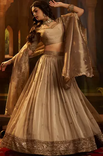 Royal Brown Organza Lehenga with Intricate Zari & Sequin Embroidery