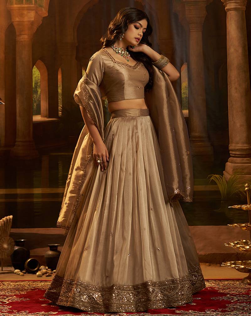 Royal Brown Organza Lehenga with Intricate Zari & Sequin Embroidery