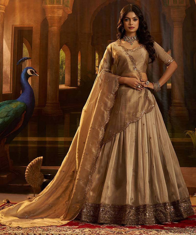 Royal Brown Organza Lehenga with Intricate Zari & Sequin Embroidery