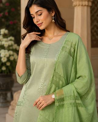 women's art silk fabric embroidered kurta set with dupatta 5
