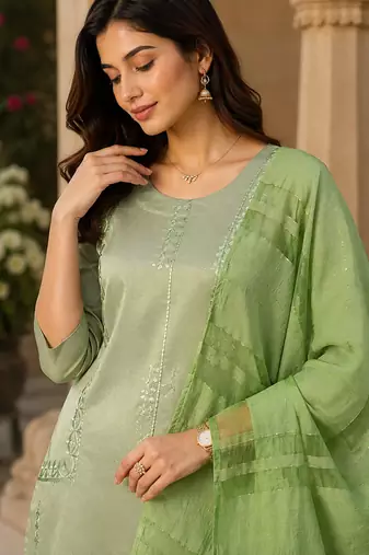women's art silk fabric embroidered kurta set with dupatta