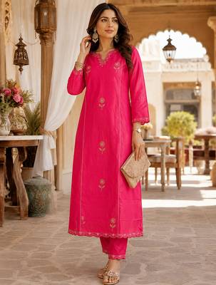 women's shimmer silk blend embroidered kurta pant dupatta set 5