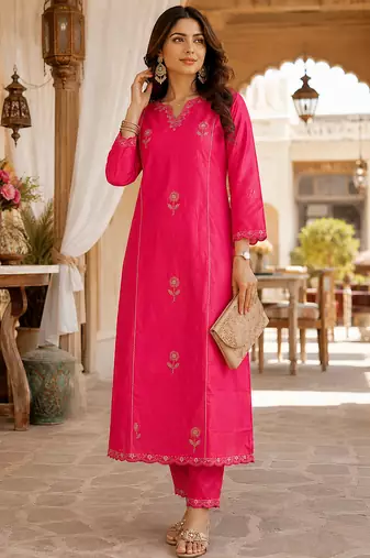women's shimmer silk blend embroidered kurta pant dupatta set