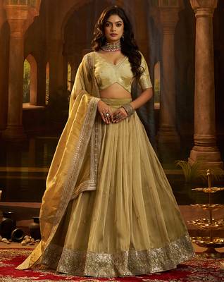 Elegant Olive Green Organza Embroidered Lehenga Choli with Art Silk Blouse 1