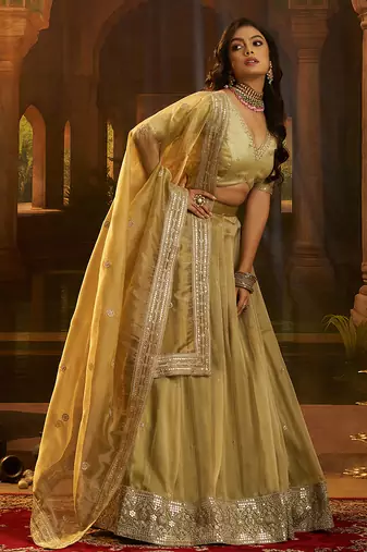 Elegant Olive Green Organza Embroidered Lehenga Choli with Art Silk Blouse
