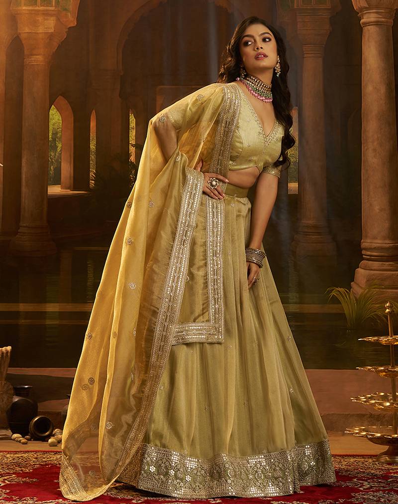 Elegant Olive Green Organza Embroidered Lehenga Choli with Art Silk Blouse