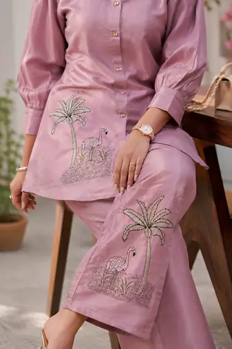 women's dusty rose shimmer satin embroidered co-ord set