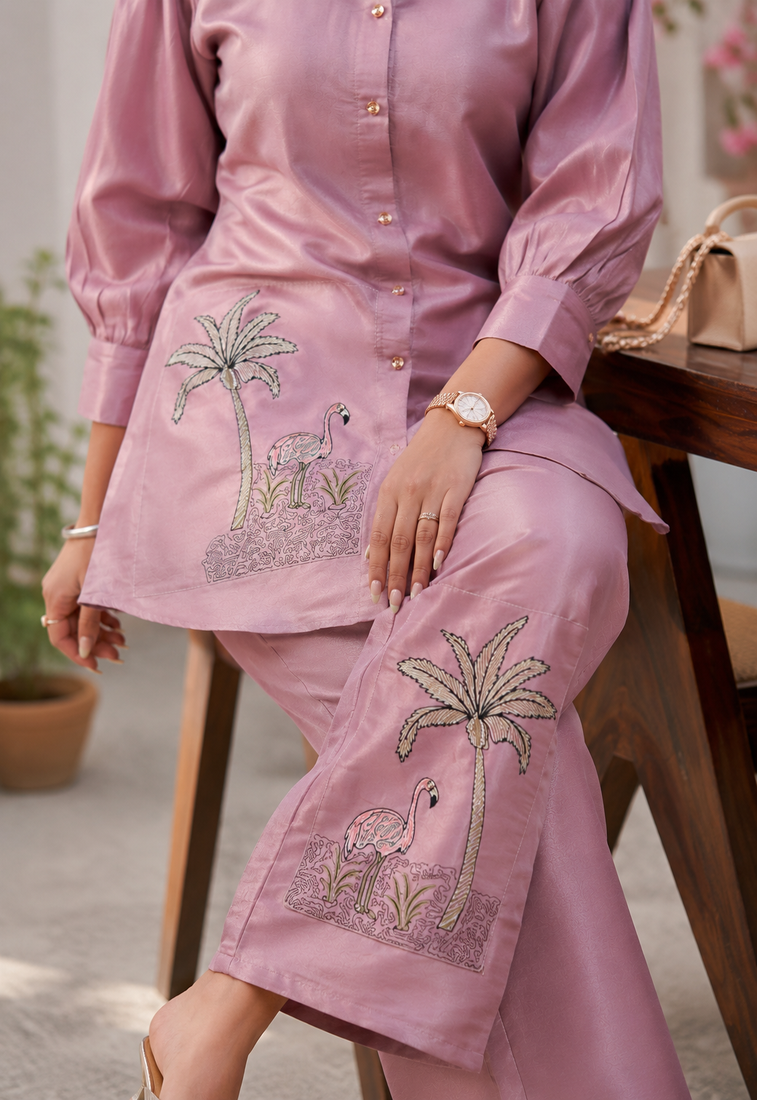 women's dusty rose shimmer satin embroidered co-ord set
