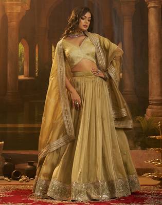 Elegant Olive Green Organza Embroidered Lehenga Choli with Art Silk Blouse 3
