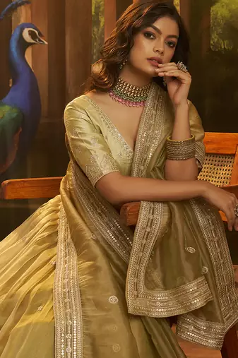 Elegant Olive Green Organza Embroidered Lehenga Choli with Art Silk Blouse