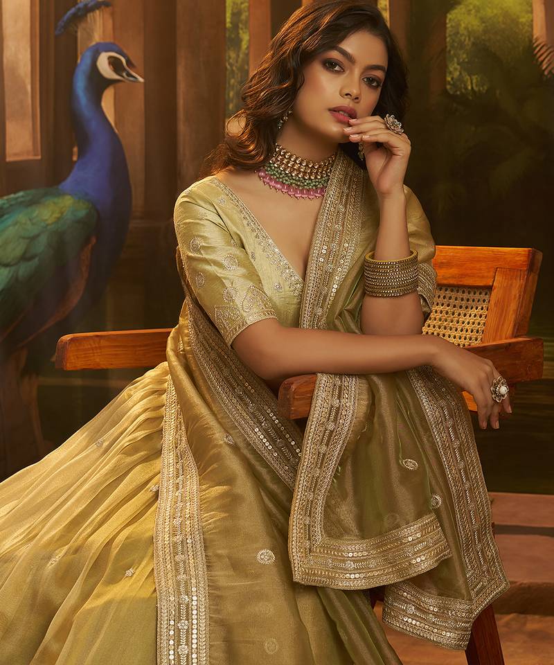 Elegant Olive Green Organza Embroidered Lehenga Choli with Art Silk Blouse