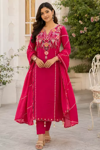 women's chanderi silk embroidered straight kurta set with dupatta