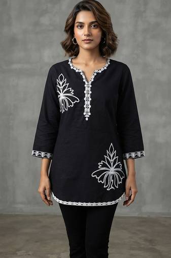 Chic black and white embroidered short kurti