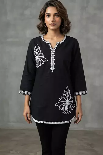 Chic black and white embroidered short kurti