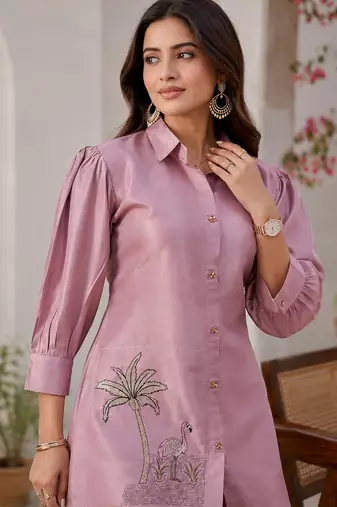 women's dusty rose shimmer satin embroidered co-ord set