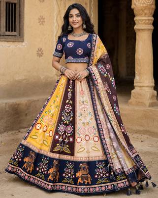 Navratri Ajarakh Print Rayon Semi Stitched Lehenga Choli & Unstitched Blouse With Dupatta 2
