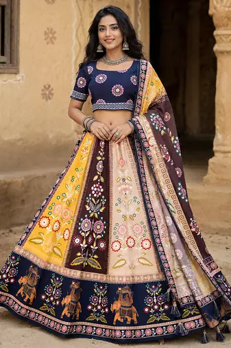 Navratri Ajarakh Print Rayon Semi Stitched Lehenga Choli & Unstitched Blouse With Dupatta