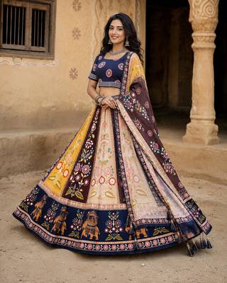 Navratri Ajarakh Print Rayon Semi Stitched Lehenga Choli & Unstitched Blouse With Dupatta 3