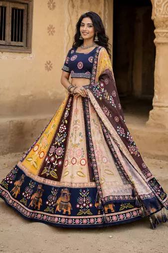 Navratri Ajarakh Print Rayon Semi Stitched Lehenga Choli & Unstitched Blouse With Dupatta