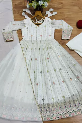 White faux blooming multi zari embroidered anarkali suit set with pant & dupatta