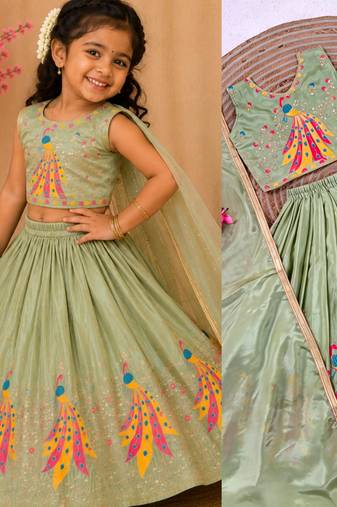 Kids mint green color lehenga choli with Dupatta embroidery work