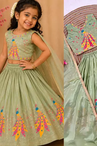 Kids mint green color lehenga choli with Dupatta embroidery work
