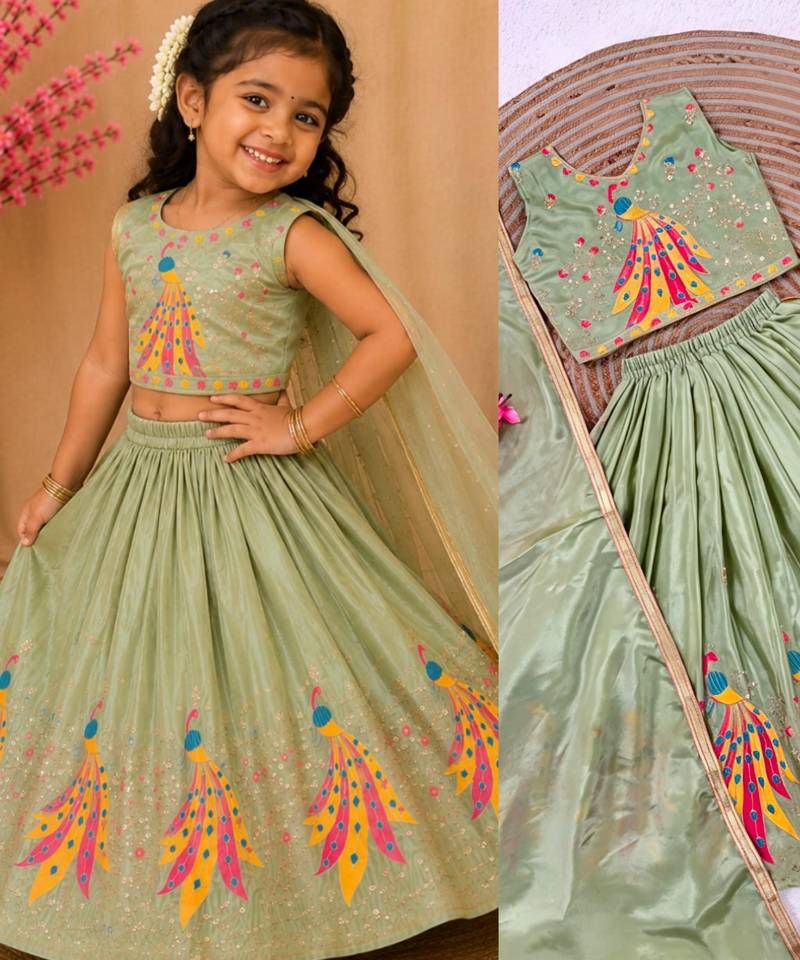 Kids mint green color lehenga choli with Dupatta embroidery work