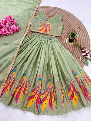 Kids mint green color lehenga choli with Dupatta embroidery work 2