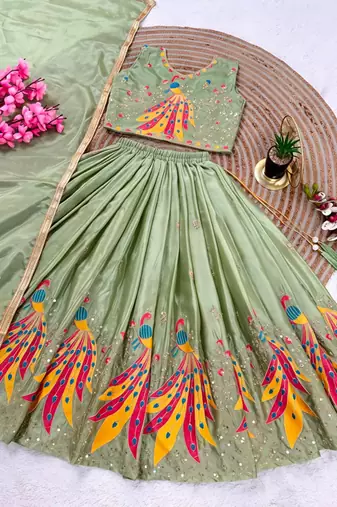 Kids mint green color lehenga choli with Dupatta embroidery work