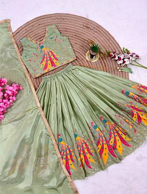 Kids mint green color lehenga choli with Dupatta embroidery work 3