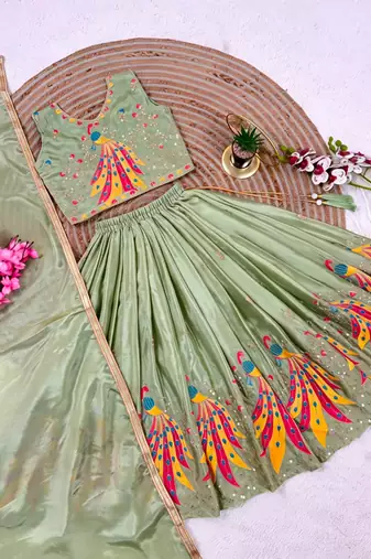 Kids mint green color lehenga choli with Dupatta embroidery work