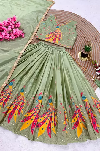 Kids mint green color lehenga choli with Dupatta embroidery work