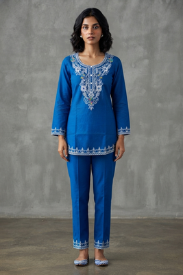 Royal blue embroidered kurti co-ord set 1