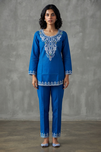 Royal blue embroidered kurti co-ord set