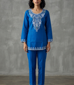 Royal blue embroidered kurti co-ord set