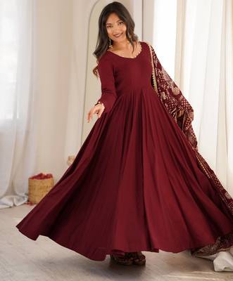 Maroon Premium Roman Silk Chanderi 16 Kali Anarkali Gown with Embroidered Dupatta & Pant Set 1