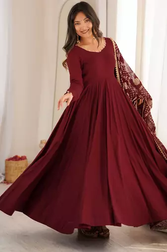 Maroon Premium Roman Silk Chanderi 16 Kali Anarkali Gown with Embroidered Dupatta & Pant Set